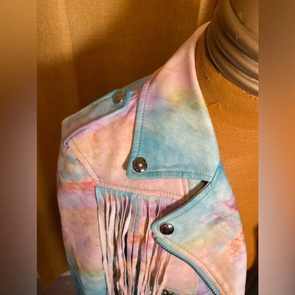 **RARE** Blank NYC Tie Dye Fringe Leather Moto Jacket - Picture 12 of 16